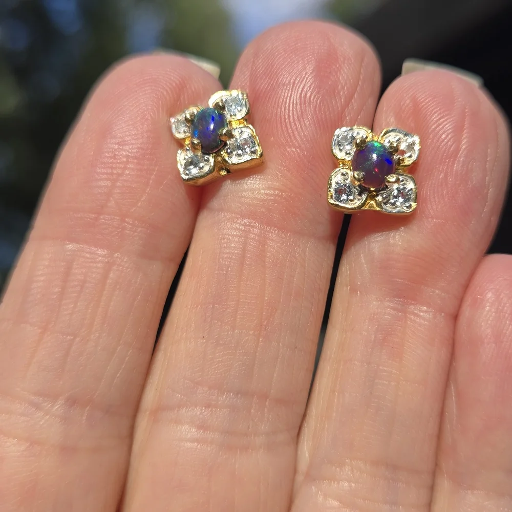 Black Opal & Topaz Natural Gemstone Sterling & Gold Earrings - Picture 1 of 10